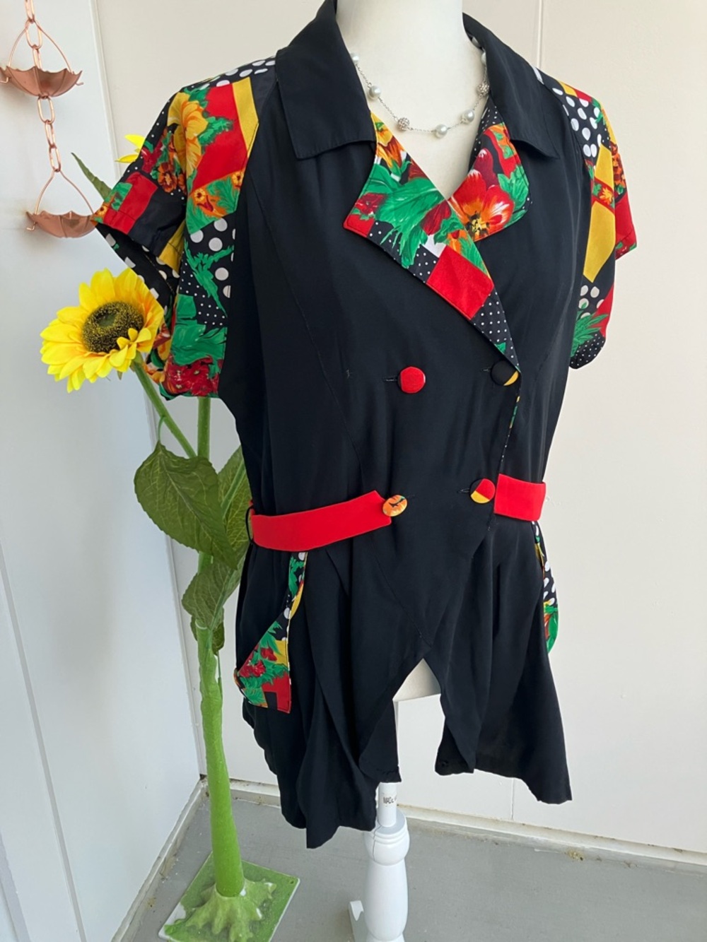 Vintage 80s 90s Short Sleeve Black Blazer Top Patchwork Print Floral Sleeves